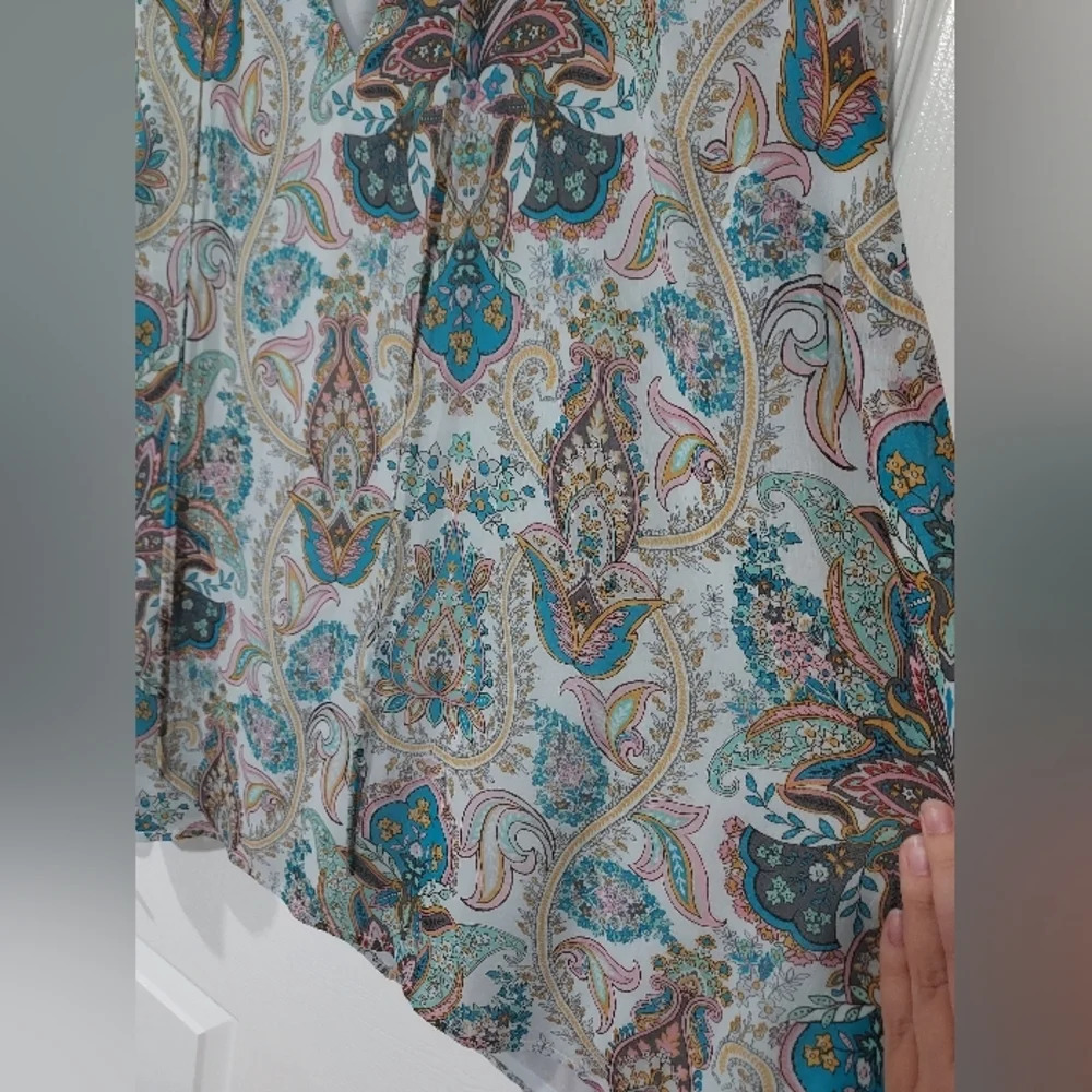 LOFT Plus Multicolored Paisley Print Long Sleeve Tie Neck Blouse in Size 22 - Picture 10 of 13